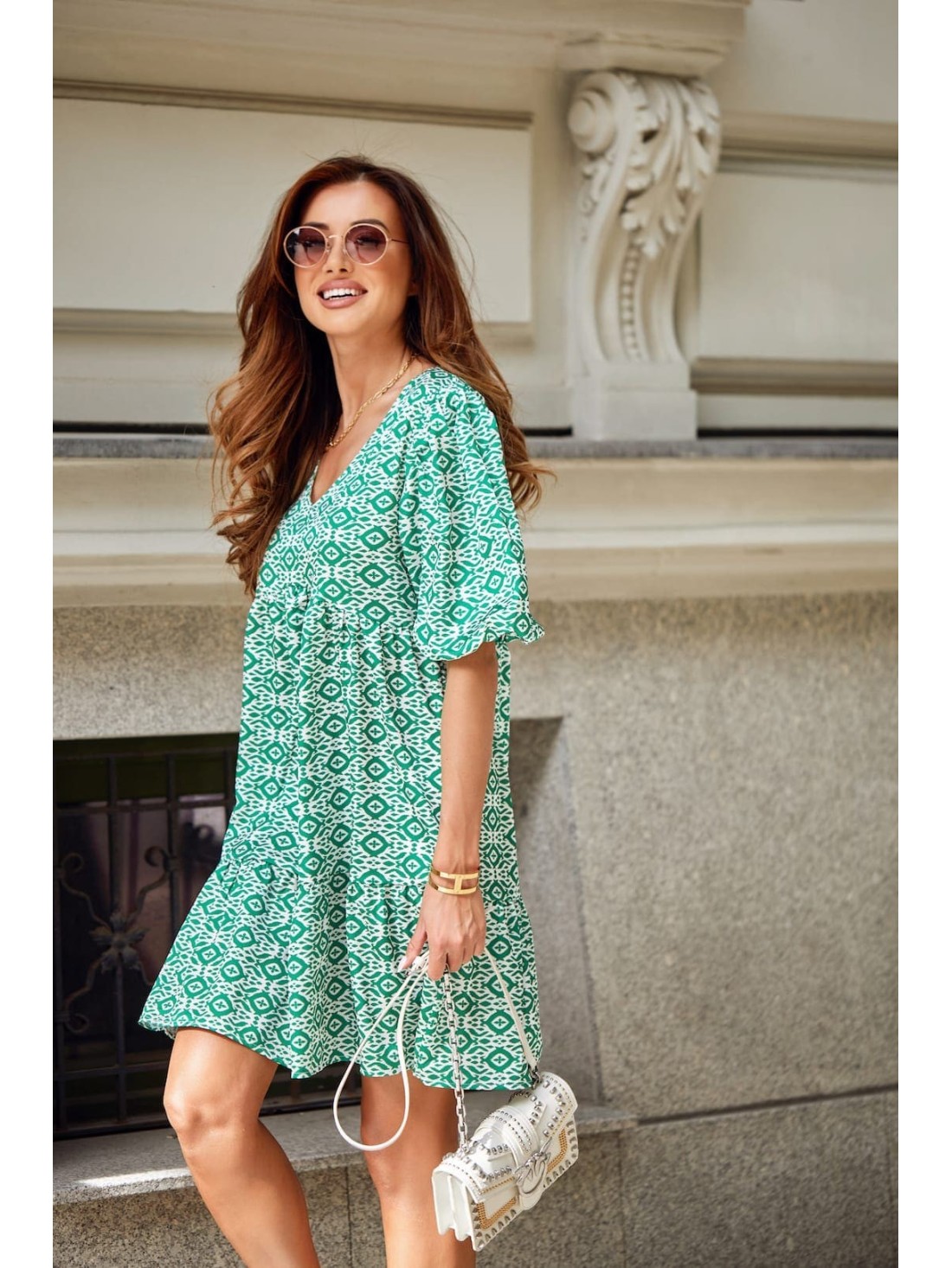 Loose dress with puffed sleeves, green FG639 - Online store - Boutique